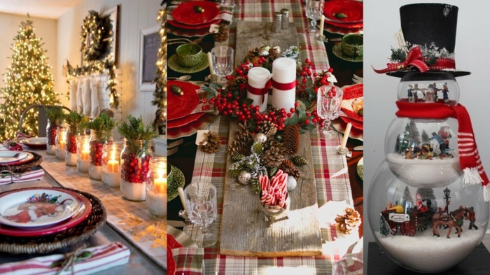 variantes de déco de Noel, assiettes arrangées, grand sapin lumineux, pots remplis de baies rouges, bougies décoratives, bonhomme de neige transparent