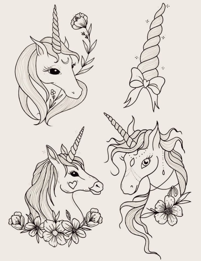 trois dessins de licornes avec cornes torsadées accompagnés de dessins de fleurs poétiques