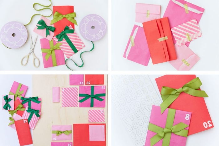 fabriquer un calendrier de l'avent original avec une planche de contreplaqué comme base et des pochettes cadeaux de tailles différentes