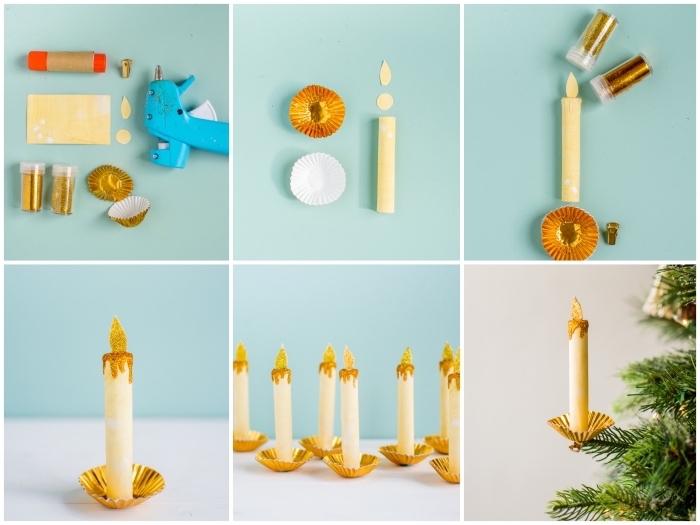 réaliser des fausses bougies en papier jaune et or pour décorer le sapin de noël d'une façon originale