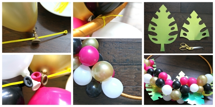 tutoriel pour arche de ballons pour déco d'une fête, arche de petits ballons rassemblés et de feuilles découpées en papier