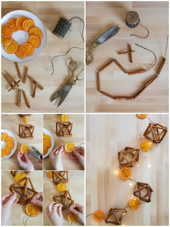 bricolage noel facile pour pour réaliser une guirlande de noël de tranches d'orange séchées et de cannelle 
