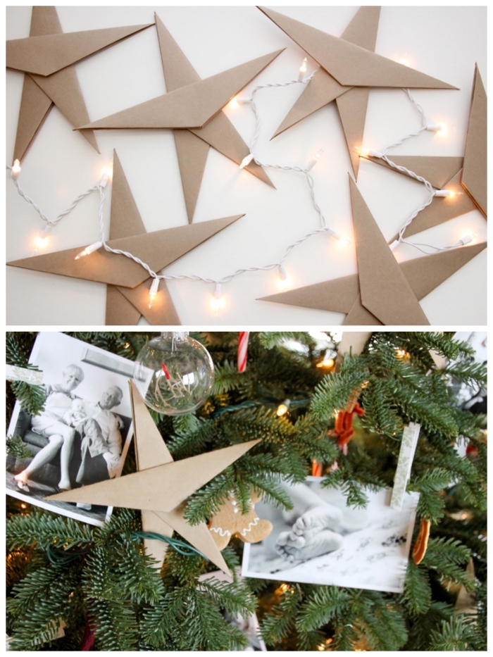 décoration de sapin traditionnelle de guirlande lumineuse led et de grandes étoiles en papier kraft pliés à la main, comment réaliser facilement une étoile origami noel