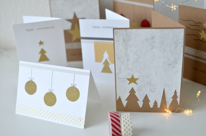 magnifiques modèles de cartes DIY, exemple de carte de voeux noel stylée en couleurs blancs et or avec ornements de noel en papier doré