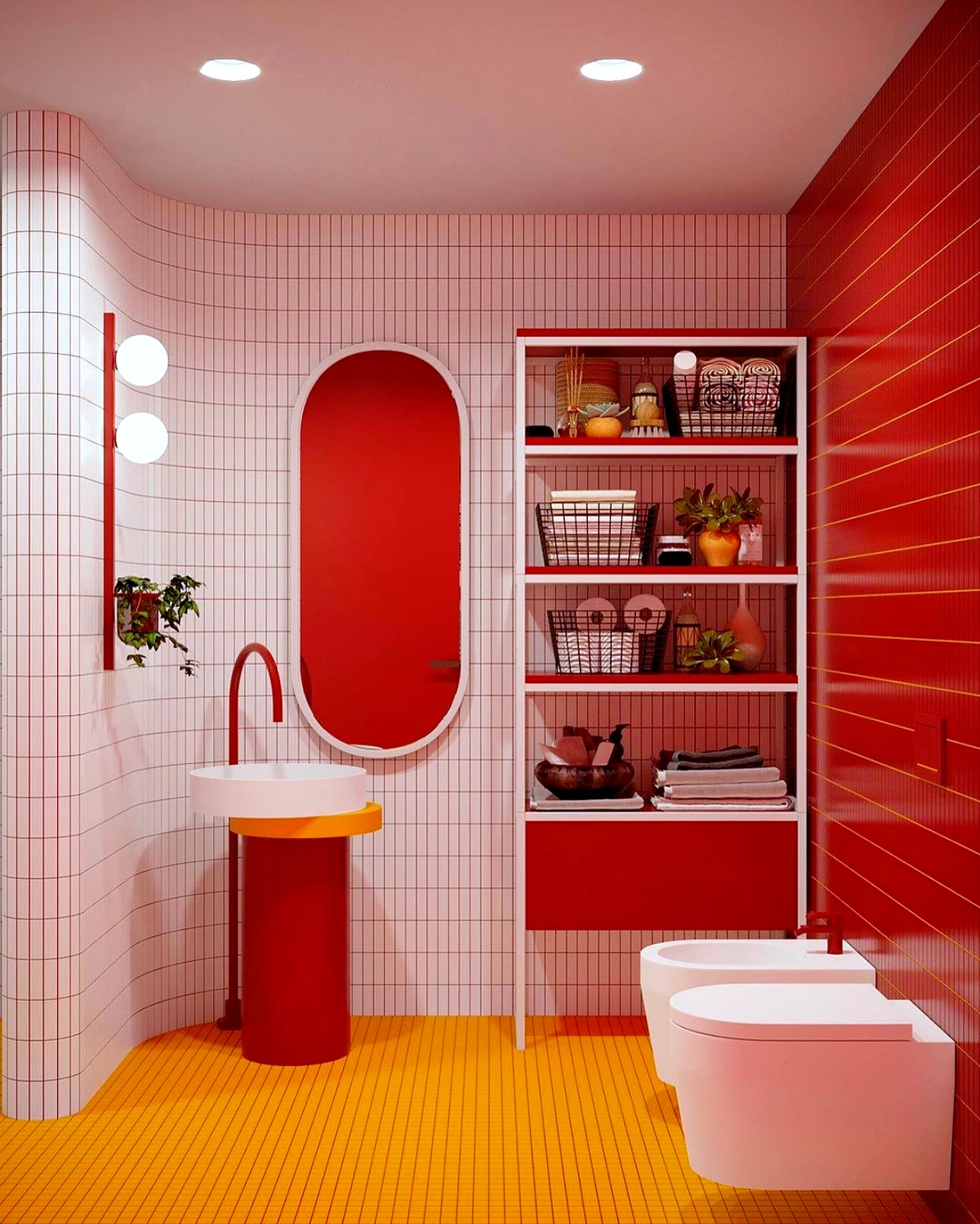 idee de deco salle de bain retro chic couleurs oranges et rouges