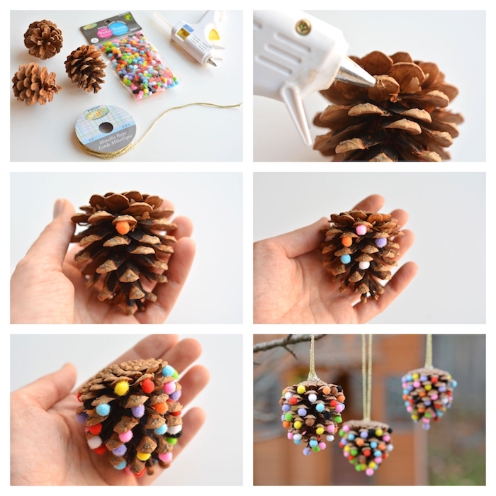 que faire avec des pommes de pin, decorations de noel à fabriquer soi même en pomme de pin décorée à petites boules de feutrine