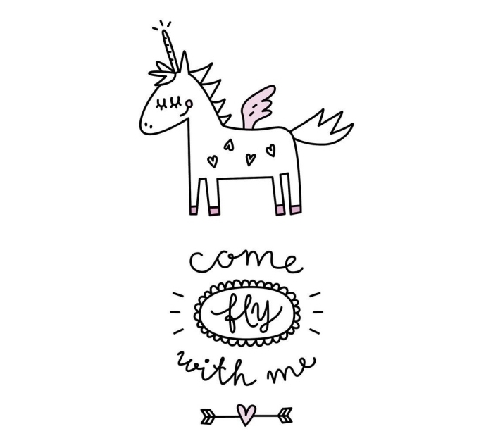 petit dessin de licorne mignonne avec corne torsadée et des ailes, message inspirant avec lettrage manuscrite et une petite flèche d'amour