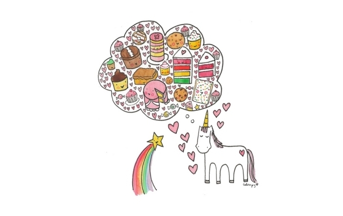 dessin kawaii licorne rêveuse avec une bulle de pensée pleine de gâteaux gourmands et de petits coeurs rose