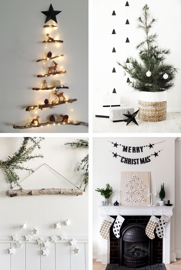 decoration de noel fait mais de style scandinave en bois, blanc et noir, sapins de noël minimalistes et naturels posés au mur ou dans un panier