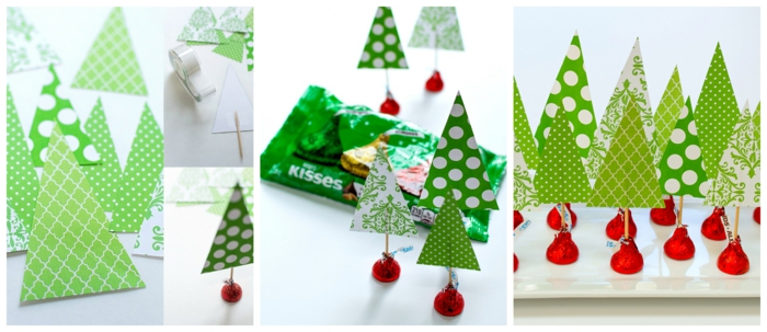 sapin de Noel, arbres de Noel faits avec bonbons au chocolat, cure dents et scotching tape