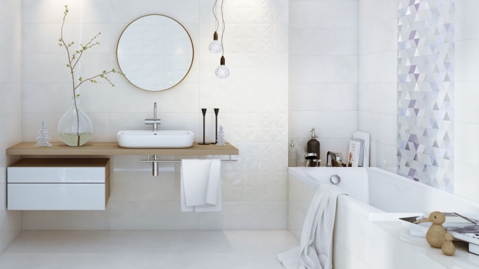 meuble salle de bain moderne, aménagement salle de bain avec baignoire, décoration murale avec carreaux graphiques
