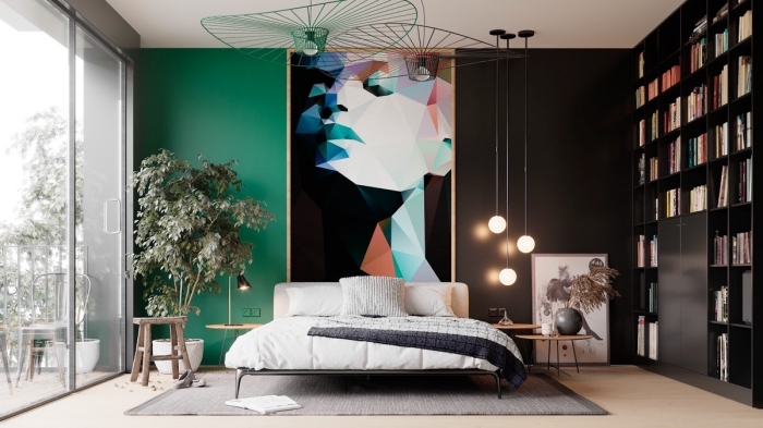 coloris vert végétal dans un intérieur moderne, peinture chambre adulte 2 couleurs avec mur vert et mur en gris anthracite
