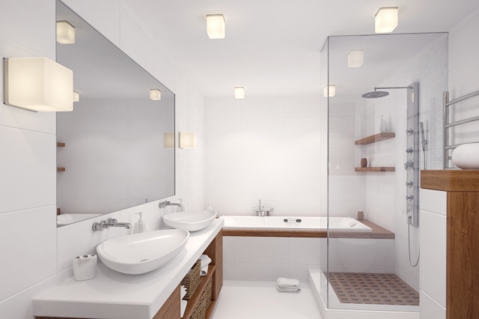 carrelage salle de bain, modèle salle de bain avec baignoire, exemple rangement mural avec étagères en bois