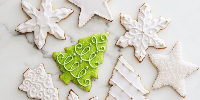 modèle de bredele alsacien à décoration enneigée avec glaçage royal et sucre glace, idée biscuit sapin de noel au sucre vert