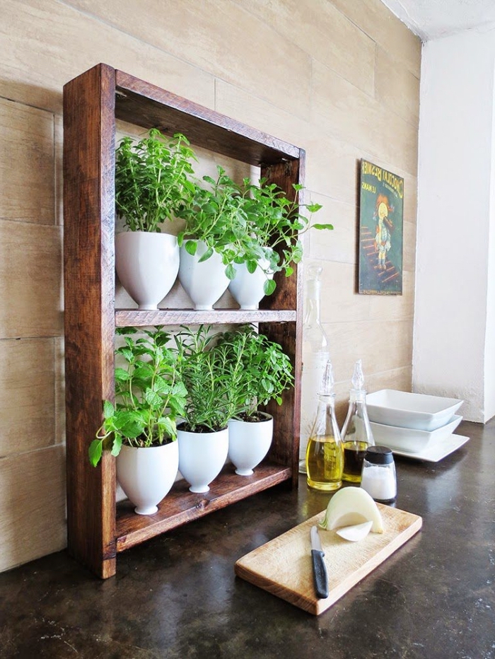 aménager un mini-jardin d'herbes aromatiques dans la cuisine avec une jardinière récup à partir d'un cadre de bois récup et des bouteilles en plastique recyclées