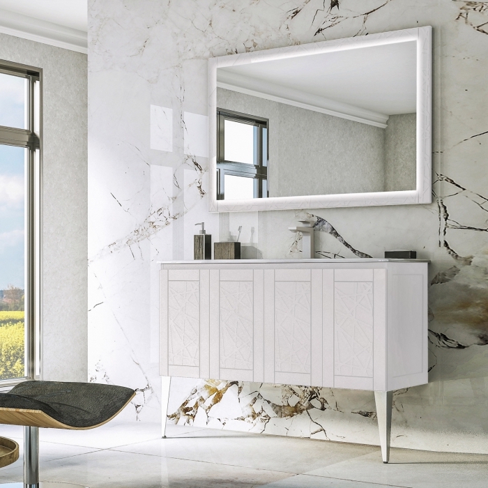 meuble sous evier salle de bain blanc, modèle revêtement mural à design marbre luxueux, déco salle de bain élégante en blanc