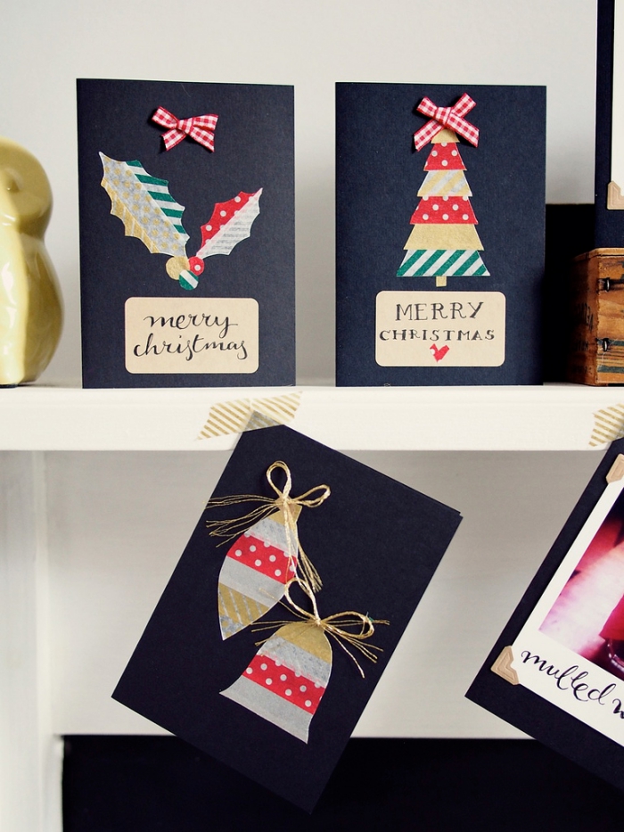 carte de noel a faire soi meme facile, idée carte postale diy en papier coloré, décoration carte Noël fait main avec washi tape