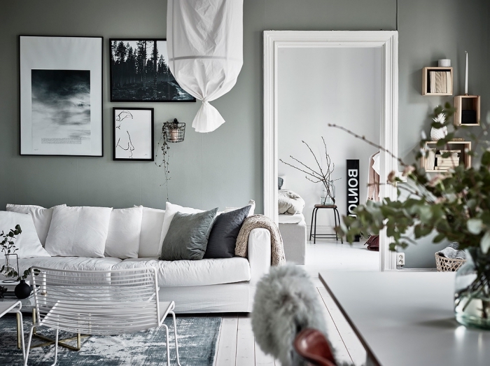 exemple de peinture grise aux reflets verts pour déco de salon cozy, aménagement salon avec meubles blancs