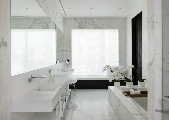design intérieur stylé et luxueux dans une salle de bain aux murs à design marbre avec large miroir et double vasque