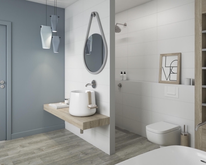 carrelage salle de bain blanc, peinture murale nuance de gris dans une salle de bain, idée intérieur moderne en blanc et bois