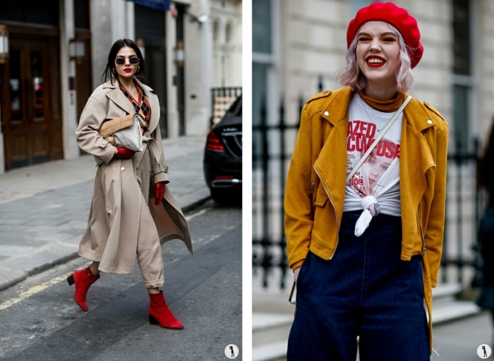 look femme hiver, bonnet rouge, veste moutarde, tee-shirt nouée à la taille, pantalon écru, manteau aux revers