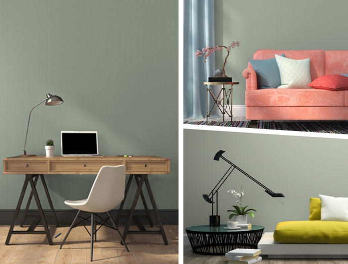comment décorer son bureau à domicile de style moderne, exemple de peinture vert de gris tendance 2019