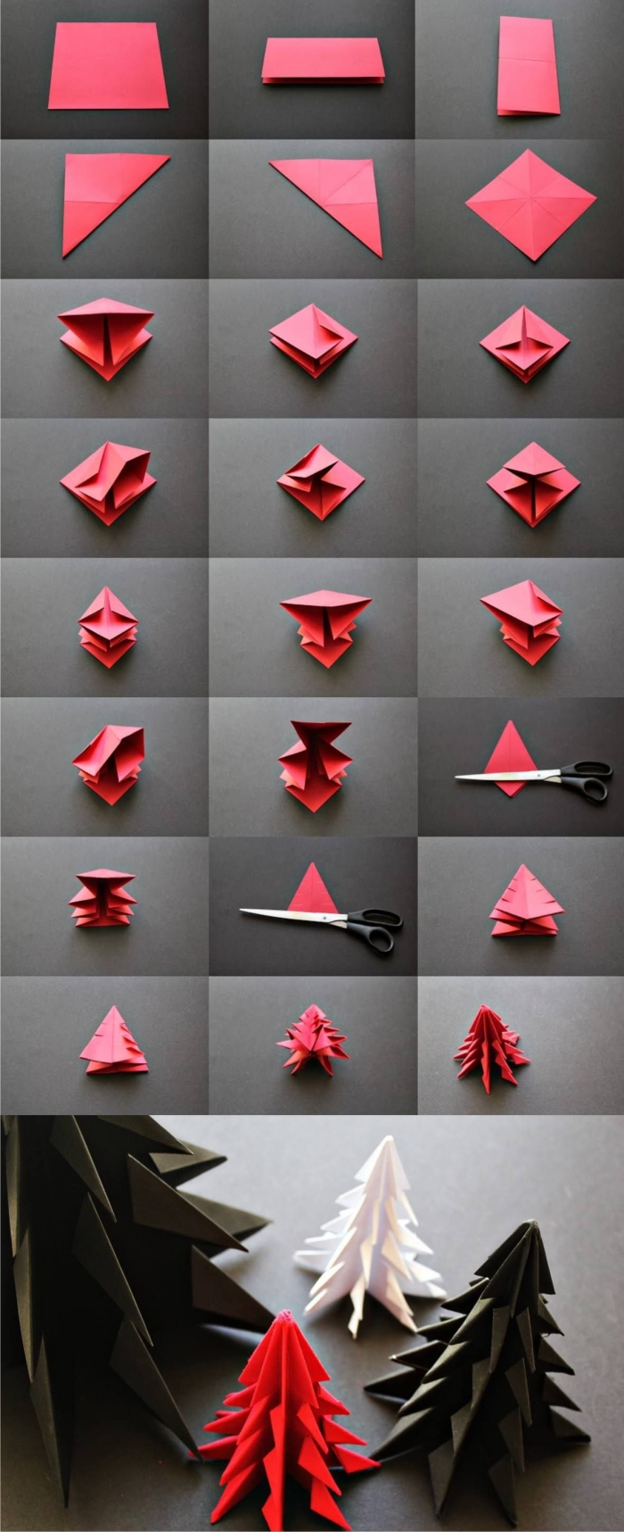 les étapes de pliage pour faire un mini sapin origami qui décorera joliment un centre de table ou une étagère