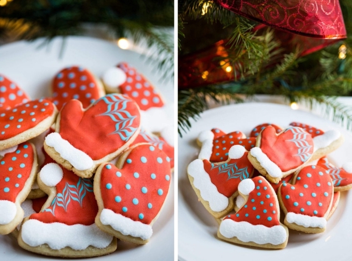 comment faire des biscuits en forme gants de père noel, idée décoration art culinaire facile au glaçage rouge avec sucre glace