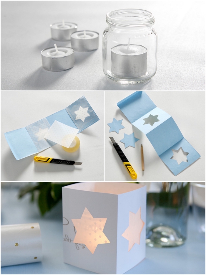 photophore de noël très facile à réaliser, fait avec du papier découpé autour d'un pot en verre, decoration de noël à fabriquer en papier pour apporter une touche poétique à nos intérieurs