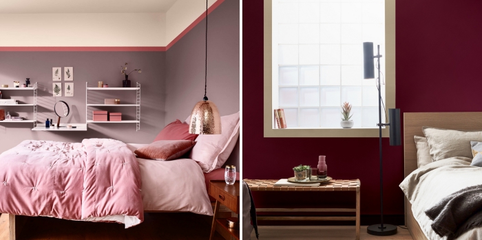 exemple de chambre adulte deco moderne, couleur violet pastel ou bordeaux pour murs dans une chambre tendance 2019