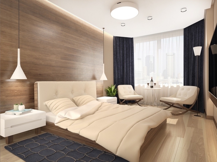 exemple de design stylé dans une chambre adulte aux couleurs neutres, idée couleur chambre moderne en 2019
