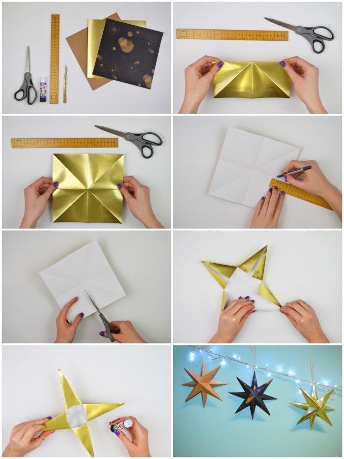 les étapes de pliage pour réaliser une étoile origami noel en papier métallisé, à suspendre au mur ou sur un sapin de noël