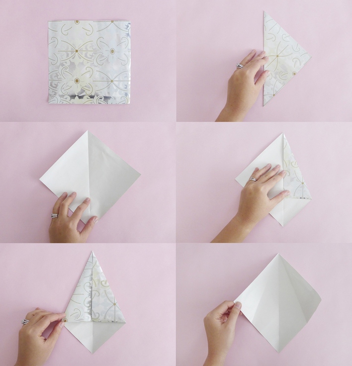le pas à pas d'un étoile origami de noel réalisée en papier cadeau qui formera une jolie guirlande festive, fabriquer deco noel grâce à l'art de l'origami