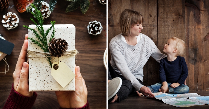 idée cadeau maman, comment emballer un cadeau pour Noel avec ficelle en jute et pomme de pin, papier cadeau granite en blanc