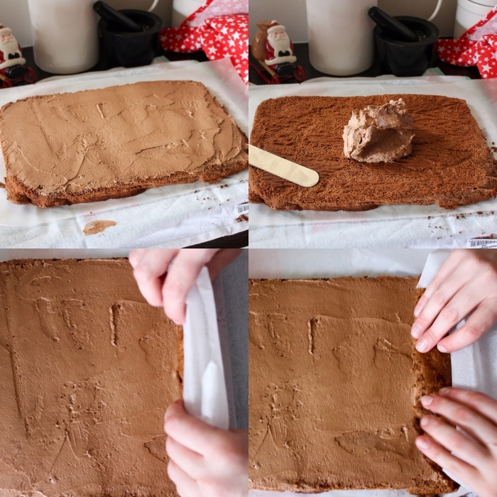 technique simple pour réaliser un gâteau enroulé, recette buche de noel facile traditionnelle au glaçage chocolat strié, saupoudrée de sucre glace