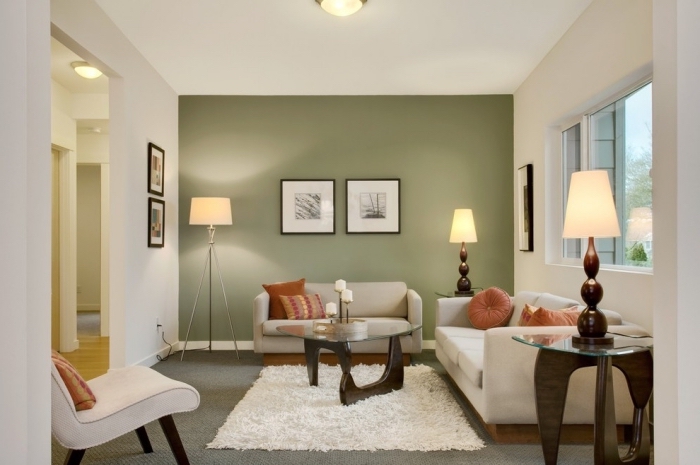 comment intégrer la couleur vert d'eau ou vert gris dans la déco moderne, exemple de salon blanc avec mur en gris verdâtre