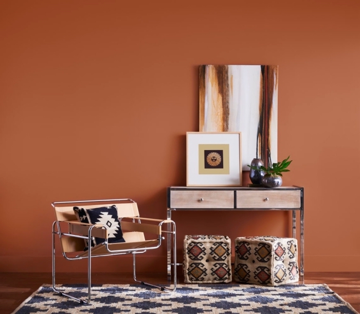 peinture chambre adulte moderne, design intérieur 2019, décoration avec meubles en bois clair et métal, plante verte d'intérieur