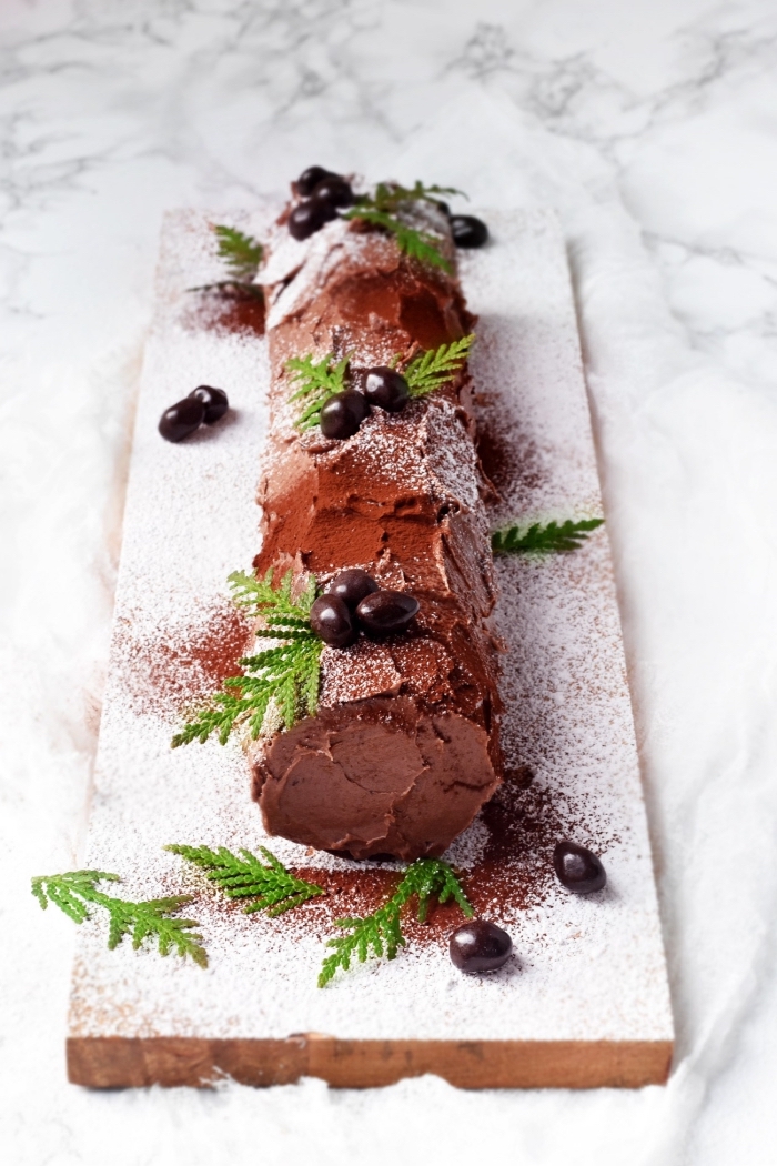 une buche de noel maison délicieuse à la crème au café mocha et glaçage chocolat posée sur un plateau de bois saupoudré de sucre glace pour un effet enneigé