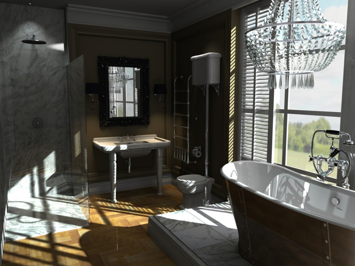 salle de bain gris et bois, plafonnier pampilles, baignoire baroque, vasque vintage deux pieds, cabine de douche grise