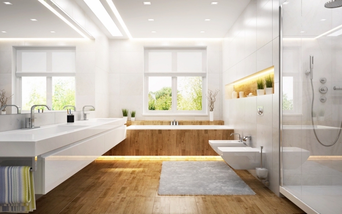 aménagement salle de bain spacieuse, modèle de grand miroir pour salle de bain, revêtement de sol imitation bois