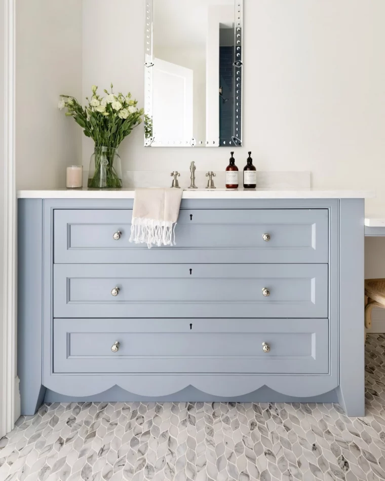 salle de bain blanche et bleu meuble miroir carrelage sol gris et bleu