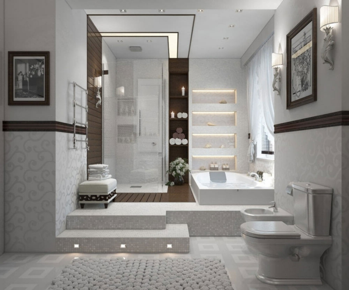 salle de bain à l'italienne, deux marches avec spots tabouret, cabine plain pied, étagère intégrée, baignoire encastrable