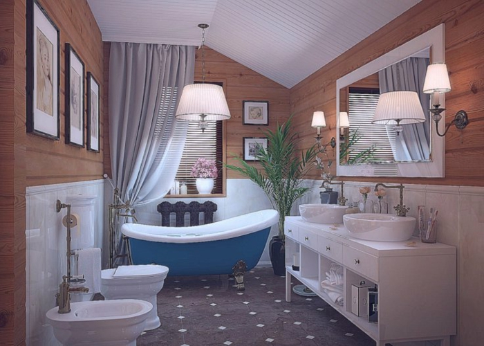 carreaux noirs, meuble blanc avec deux lavabos, mur en planches de bois, baignoire blanche et bleue, salle de bain mansardée, grand miroir rectangulaire