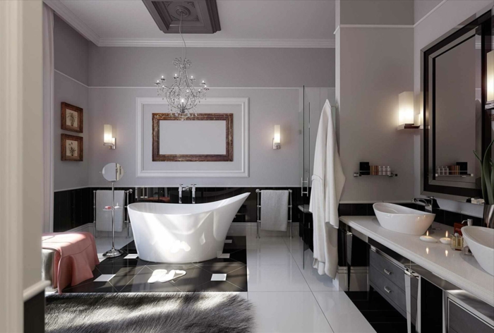 salle de bain en noir et blanc, deux lavabos blancs, miroir rectangulaire, luminaire subtil, tapis poilu, peinture murale grise
