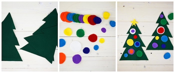 sapin de noel en feutrine décoré de boules de noel colorés collées dessus le sapin, idee d activité thematique pour enfant à l occasion de noel