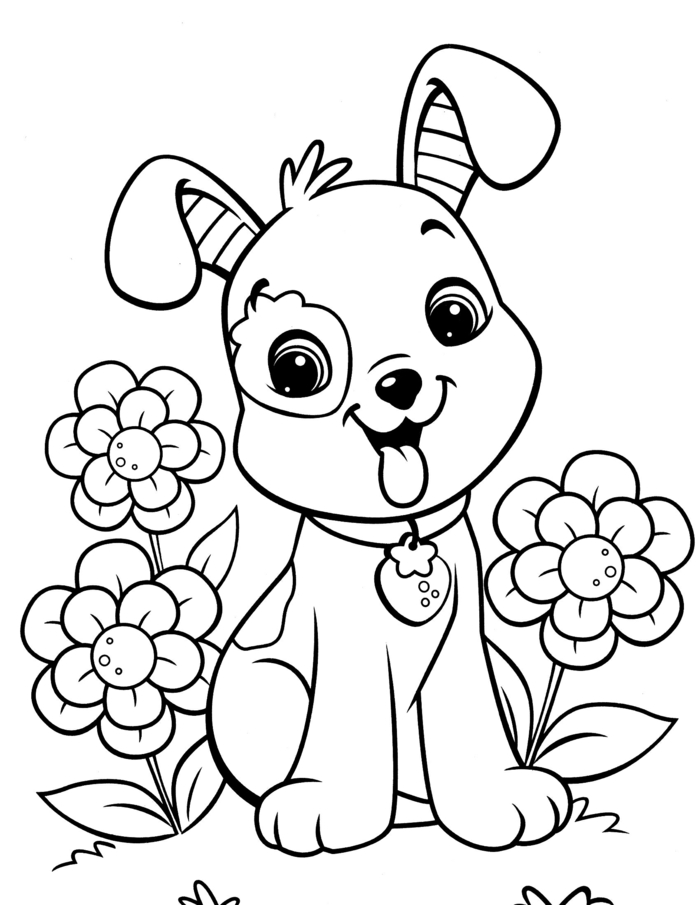 Comment dessiner des animaux, dessins de chien et fleurs facile à faire, coloriage enfant, commencer à dessiner et puis colorer le dessin