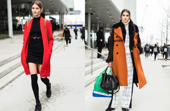 manteaux longs, chaussettes longues, manteau en noir et orange, costume carreaux femme, deux sacs cabas en cuir