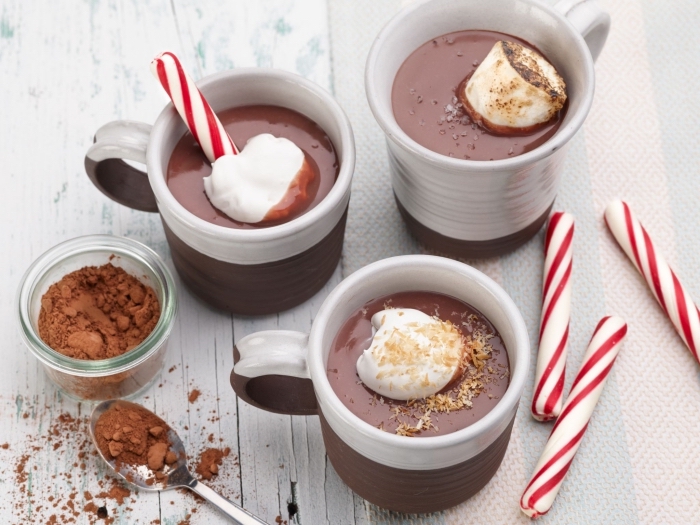 idée boisson Noel au chocolat fondu et guimauves, comment servir un chocolat chaud pour enfants avec sucre d'orge et guimauves