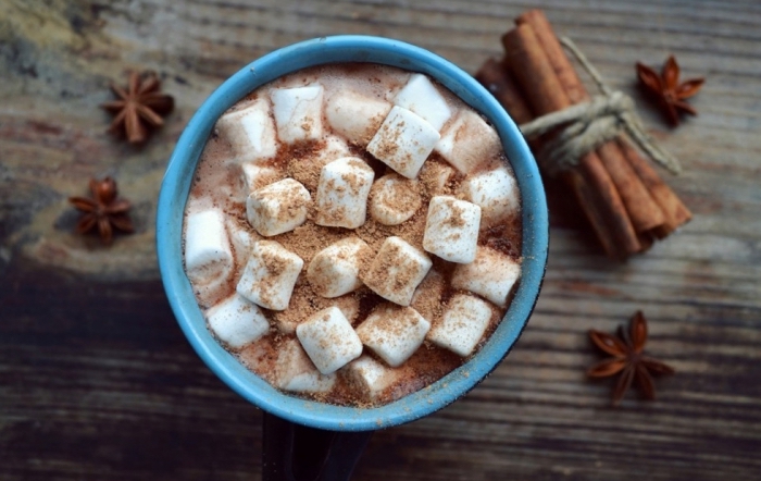 idée chocolat chaud a l ancienne, recette boisson au lait et cacao en poudre, mug rempli de boisson au chocolat et guimauves