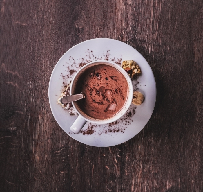 veritable chocolat chaud, tasse de boisson fait maison au chocolat fondu et lait, art culinaire photo boisson gourmand